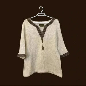 Hilana rough weave ivory tunic with brown on brown trim, 50%, wool,  50% cotton